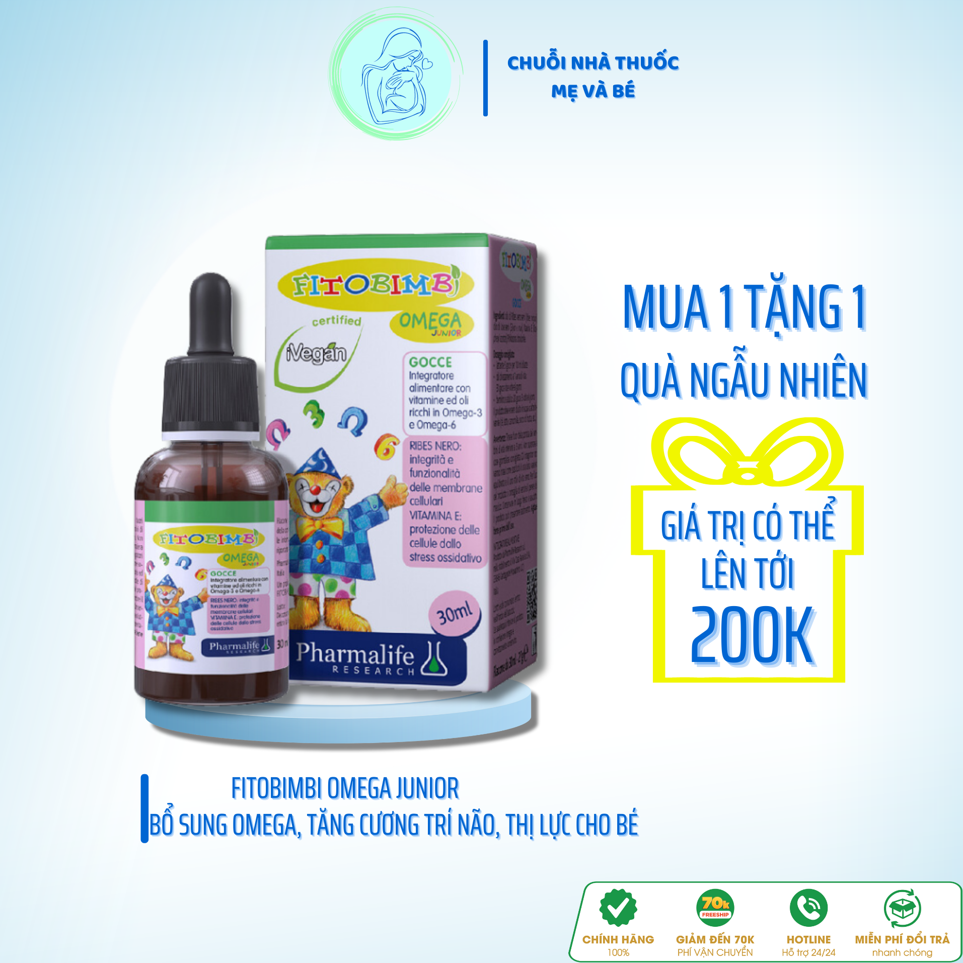 Fitobimbi omega junior Italia với Omega 3, Phát triển trí não cho trẻ, Giúp trẻ thông minh, Bổ mắt, Sáng mắt Lọ 30ml