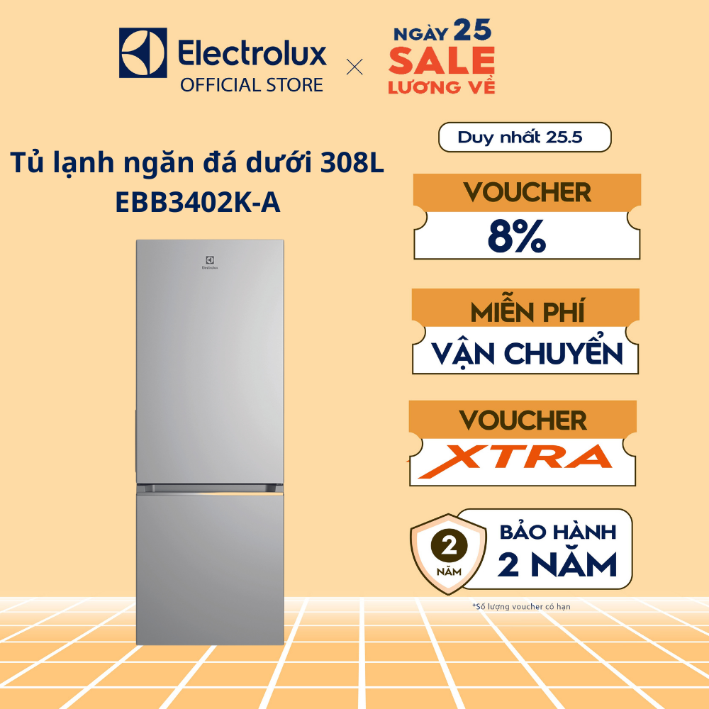 Tủ lạnh Electrolux Inverter ngăn đá dưới có ngăn đông mềm 308 lít - EBB3402K-A