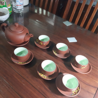 Bộ ấm chén pha trà tử sa hoa vàng Bát Tràng (kèm đĩa)