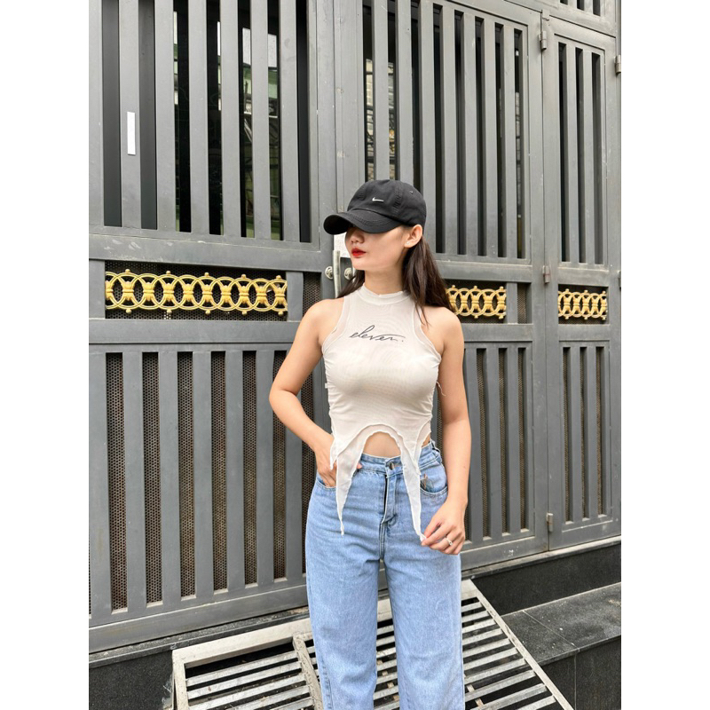 Áo thun lưới ba lỗ nữ tua rua vạt áo phong cách sexy cá tính