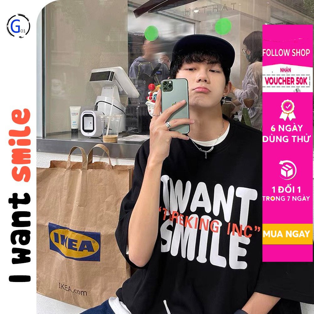Áo thun unisex nam nữ form rộng I Want Smile thun cotton G01
