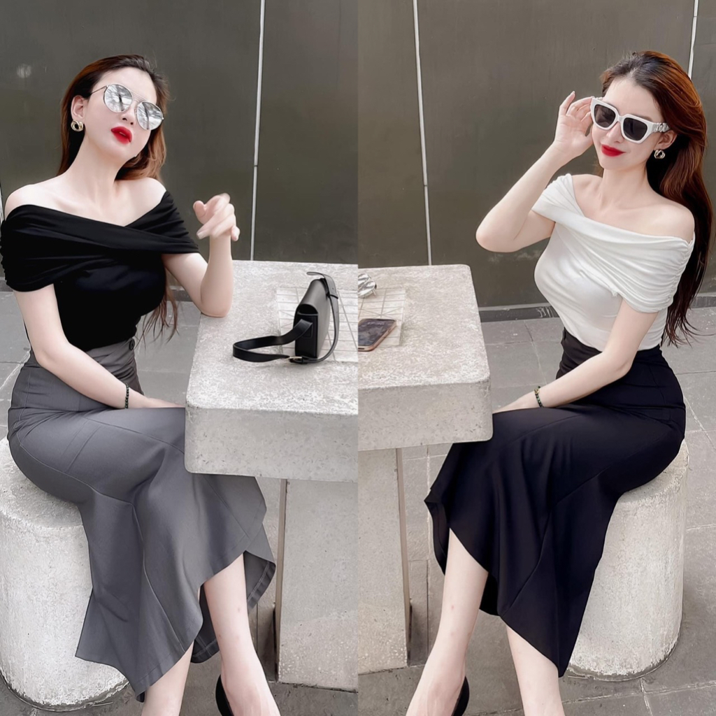 ⚡️BÁN SỈ⚡️Set chân váy đuôi cá mix áo trễ vai 2 màu trắng đen