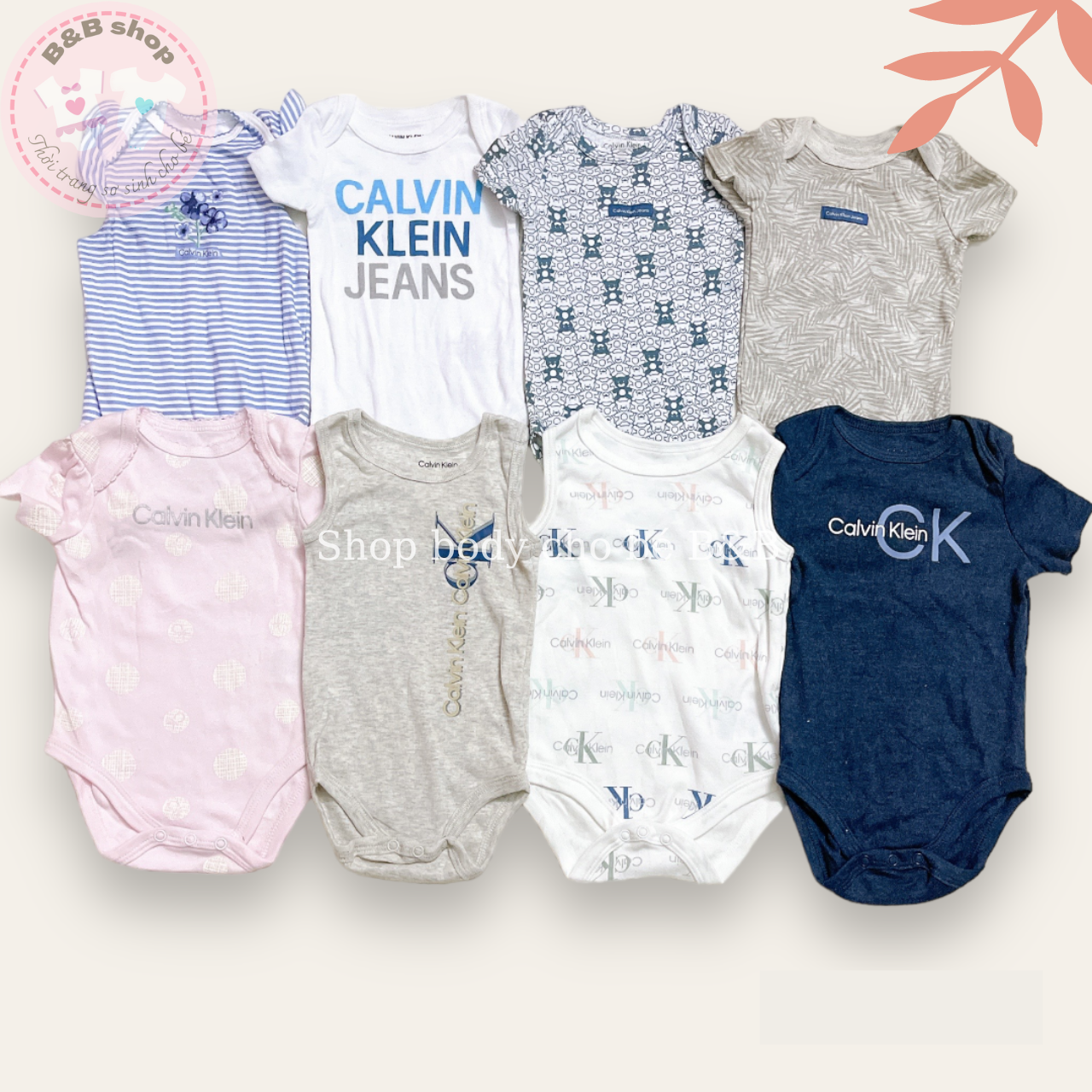 (Chọn mẫu 3-18 tháng) Body chip CK, bodysuit xuất dư Cambodia chất cotton cho bé trai bé gái, trẻ sơ sinh mẫu mới
