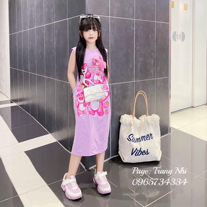 Váy xuông Gấu dâu kèm gấu bông dễ  cho Bé size đại 18kg - 45kg