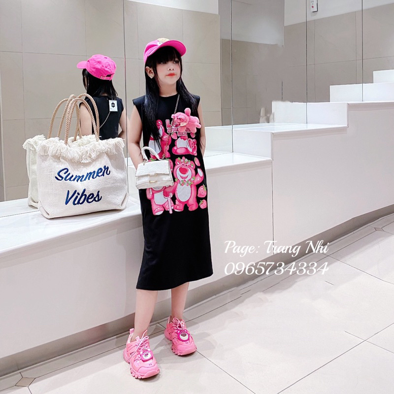 Váy xuông Gấu dâu kèm gấu bông dễ  cho Bé size đại 18kg - 45kg