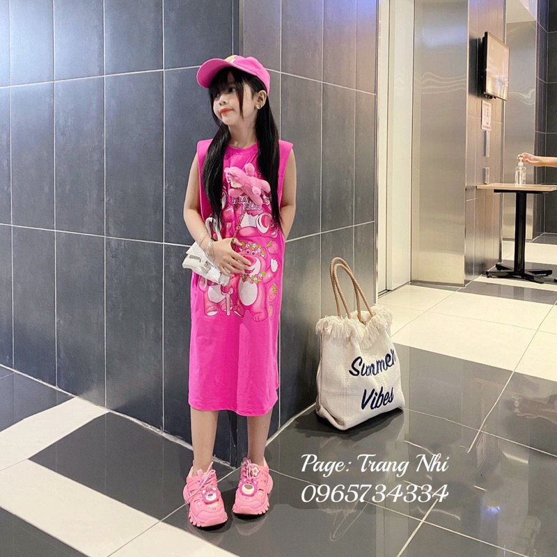 Váy xuông Gấu dâu kèm gấu bông dễ  cho Bé size đại 18kg - 45kg