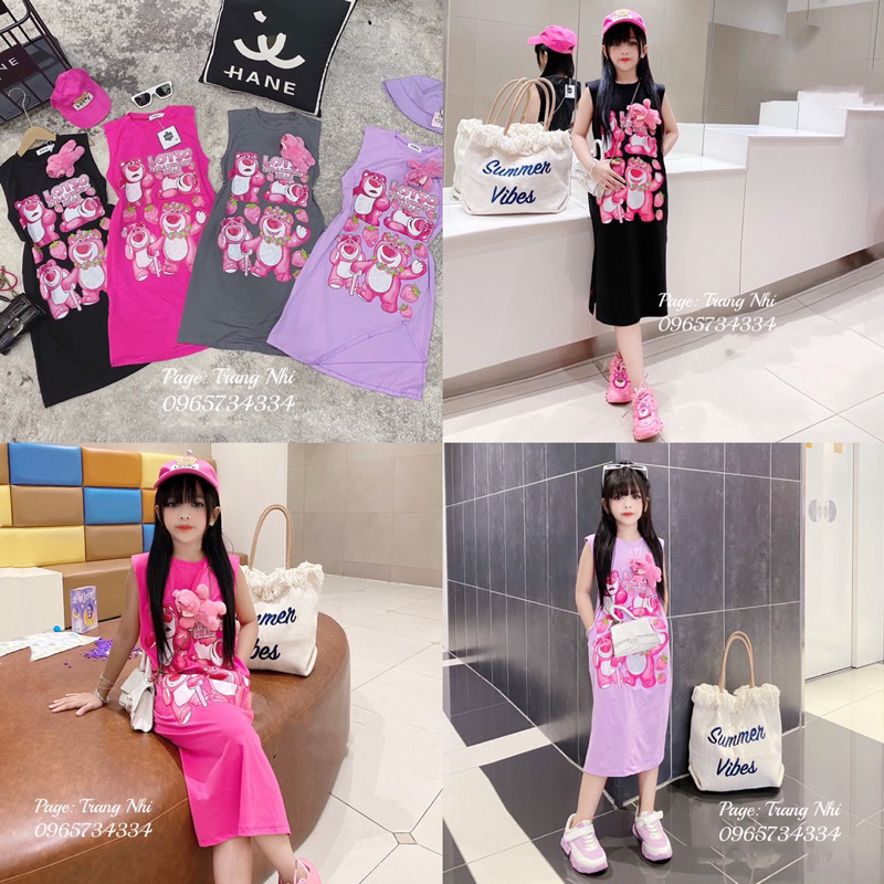 Váy xuông Gấu dâu kèm gấu bông dễ  cho Bé size đại 18kg - 45kg