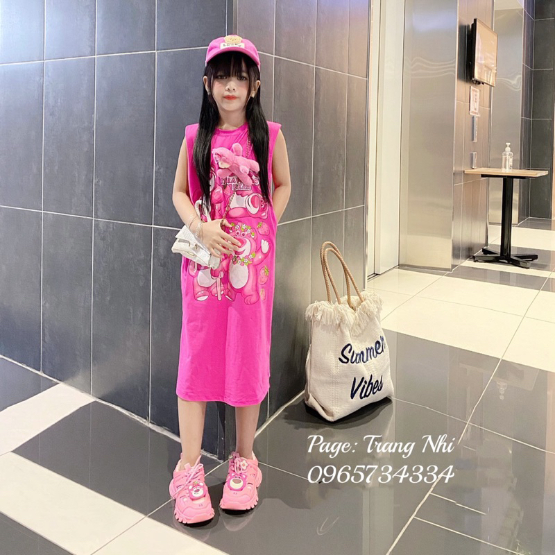 Váy xuông Gấu dâu kèm gấu bông dễ  cho Bé size đại 18kg - 45kg