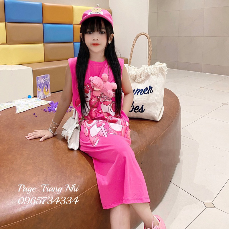 Váy xuông Gấu dâu kèm gấu bông dễ  cho Bé size đại 18kg - 45kg