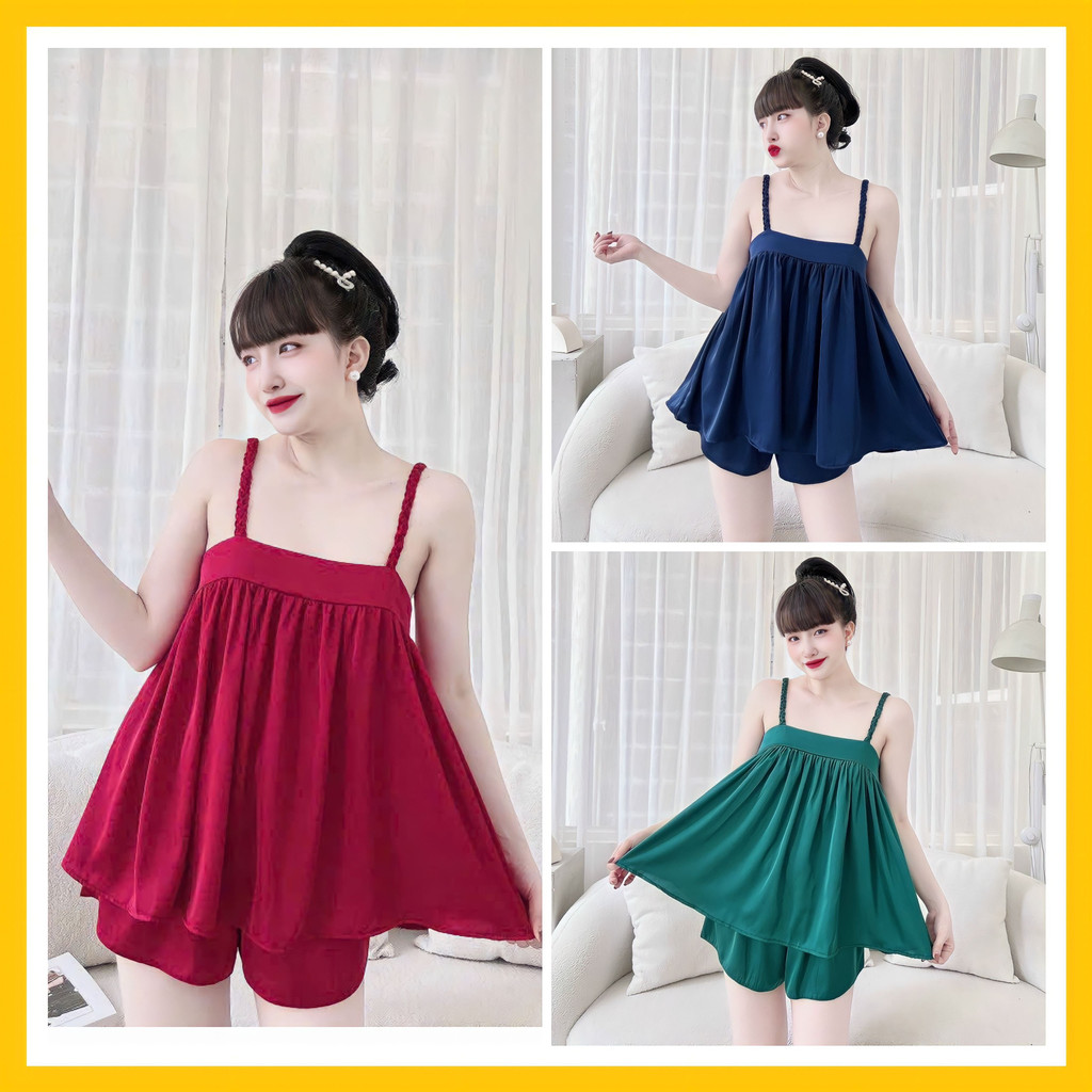 Bộ quần đùi áo hai dây tết bính xinh xắn chất lụa latin tơ tằm có túi quần dưới 62kg - Linhnguyenshop