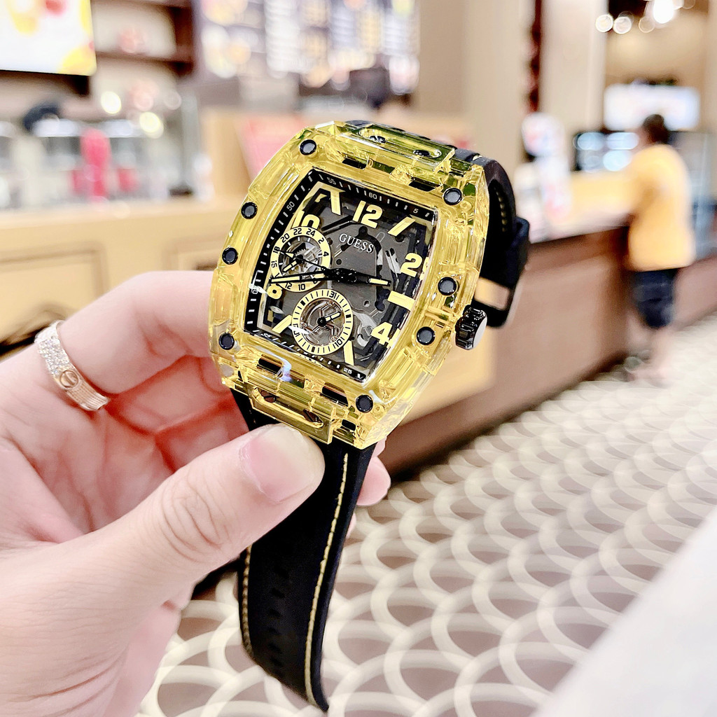 Đồng Hồ Nam Guess GW0499G2, Dây Cao Su Màu Đen Vỏ Vàng, Size 44mm