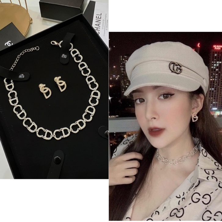Set vòng choker khuyên tai hiệu CD sang chảnh HOTTREND CKCD02