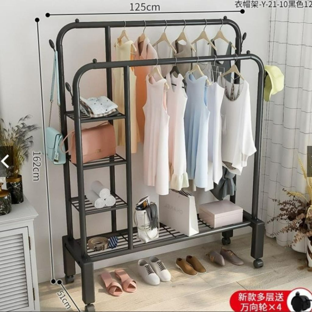 Giá treo quần áo có bánh xe, kệ treo đồ Cao cấp có tầng thép cac bon.