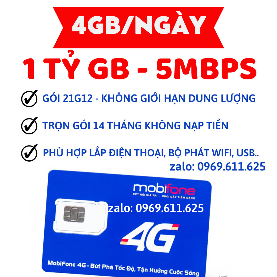 Sim 4G Tốc Độ Cao Mobifone Tặng 120GB/tháng x 14 tháng - sim 21G12 không giới hạn data vào mạng thả ga