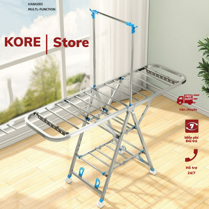 Giá treo quần áo thông minh 2 cánh gấp gọn bằng thép không gỉ phơi đồ ban công nhà chung cư có bánh xe di chuyển