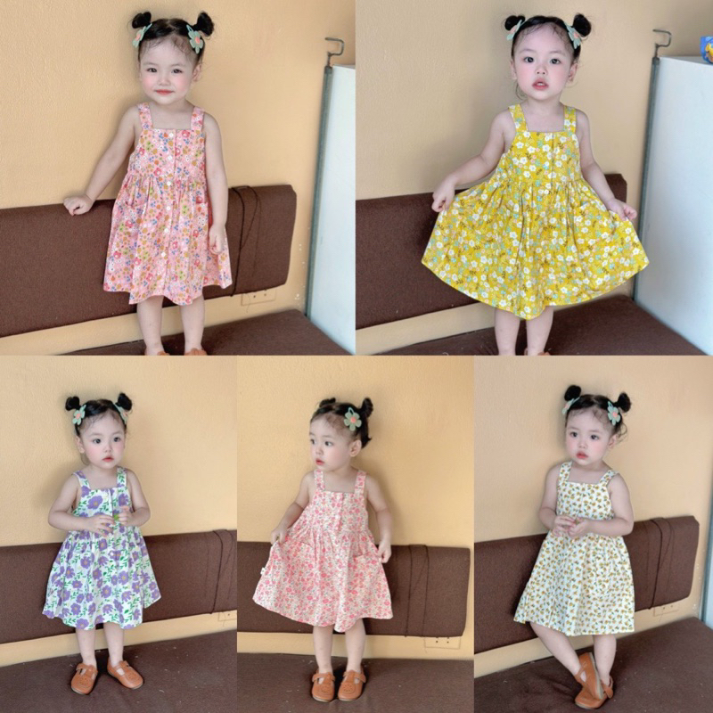 Váy 2 dây hoa thô mềm cổ vuông Mozi cho bé (bảng màu mới)