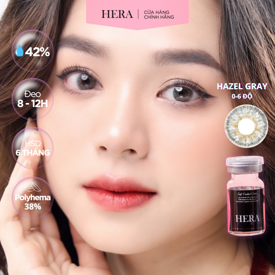 Lens Hera Xám Hạt Dẻ Viền Đậm 0 - 6 Độ HAZEL GRAY Nhập Khẩu Hàn Quốc Kính Áp Tròng Cận 6 Tháng