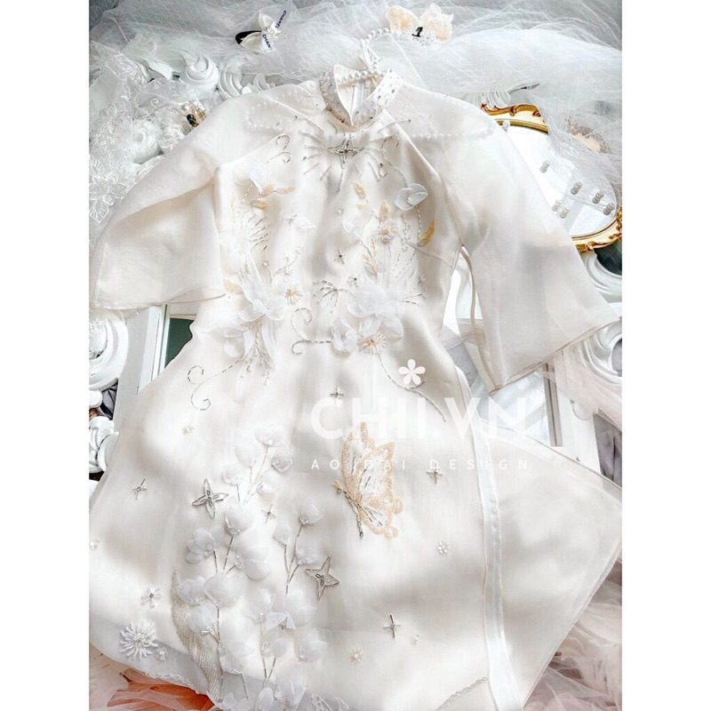 Áo Dài Câch Tân Tơ Organza Dáng Tiểu Thư Đính Hạt Cao Cấp