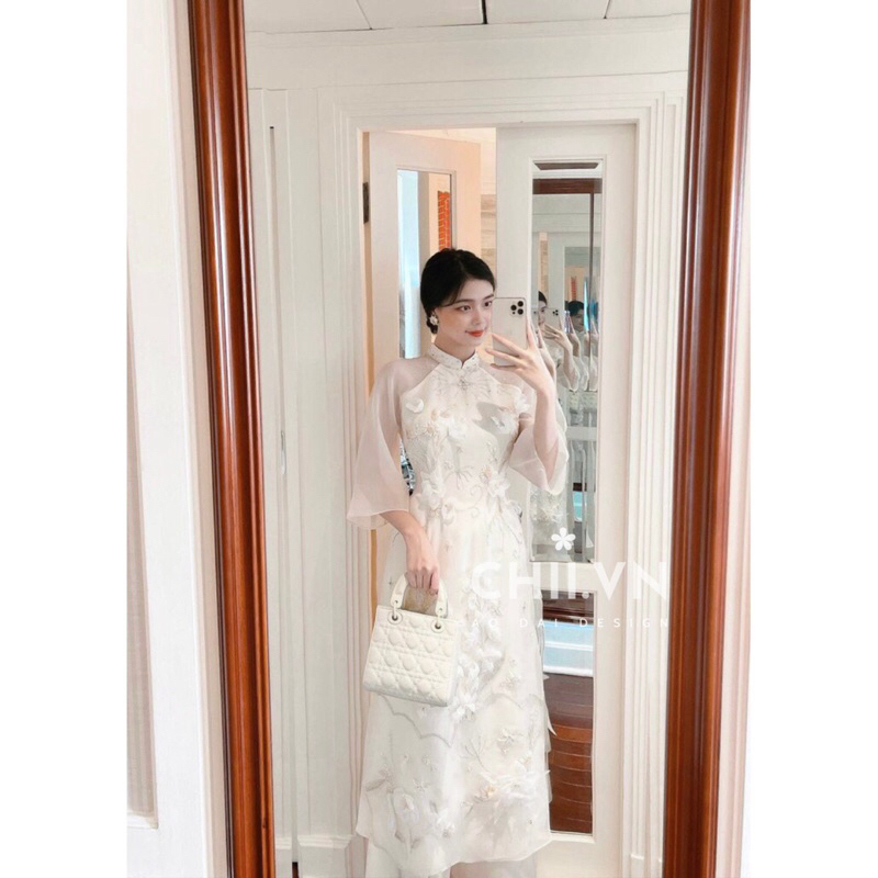 Áo Dài Câch Tân Tơ Organza Dáng Tiểu Thư Đính Hạt Cao Cấp