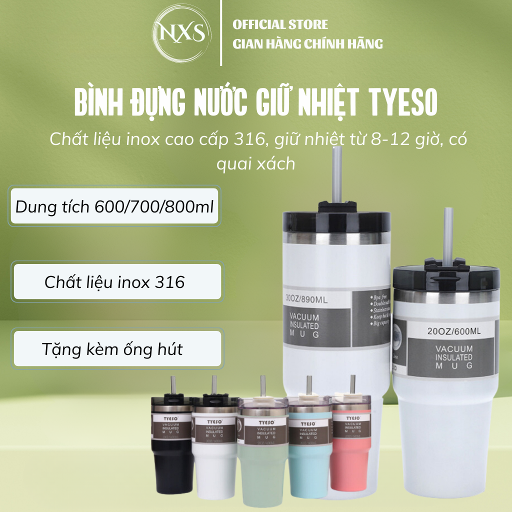 Ly giữ nhiệt, bình đựng nước giữ nhiệt Tyeso dung tích 900ml chất liệu inox 304 giữ nhiệt từ 8-12 giờ thiết kế quai xách
