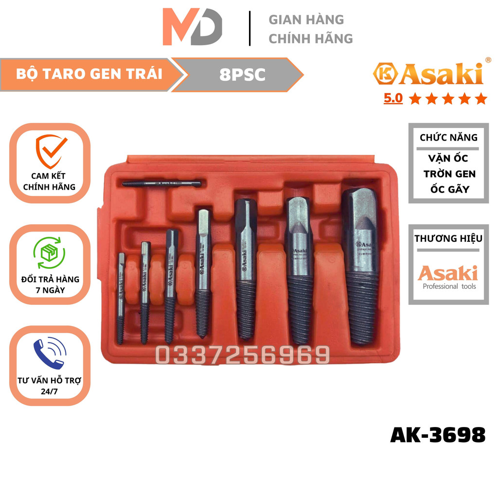 Bộ mũi ren lấy đầu ống nước gãy 8 món chuyên tháo bu lông ốc vít, nhờn ren loại xịn chính hãng Asaki model 3698