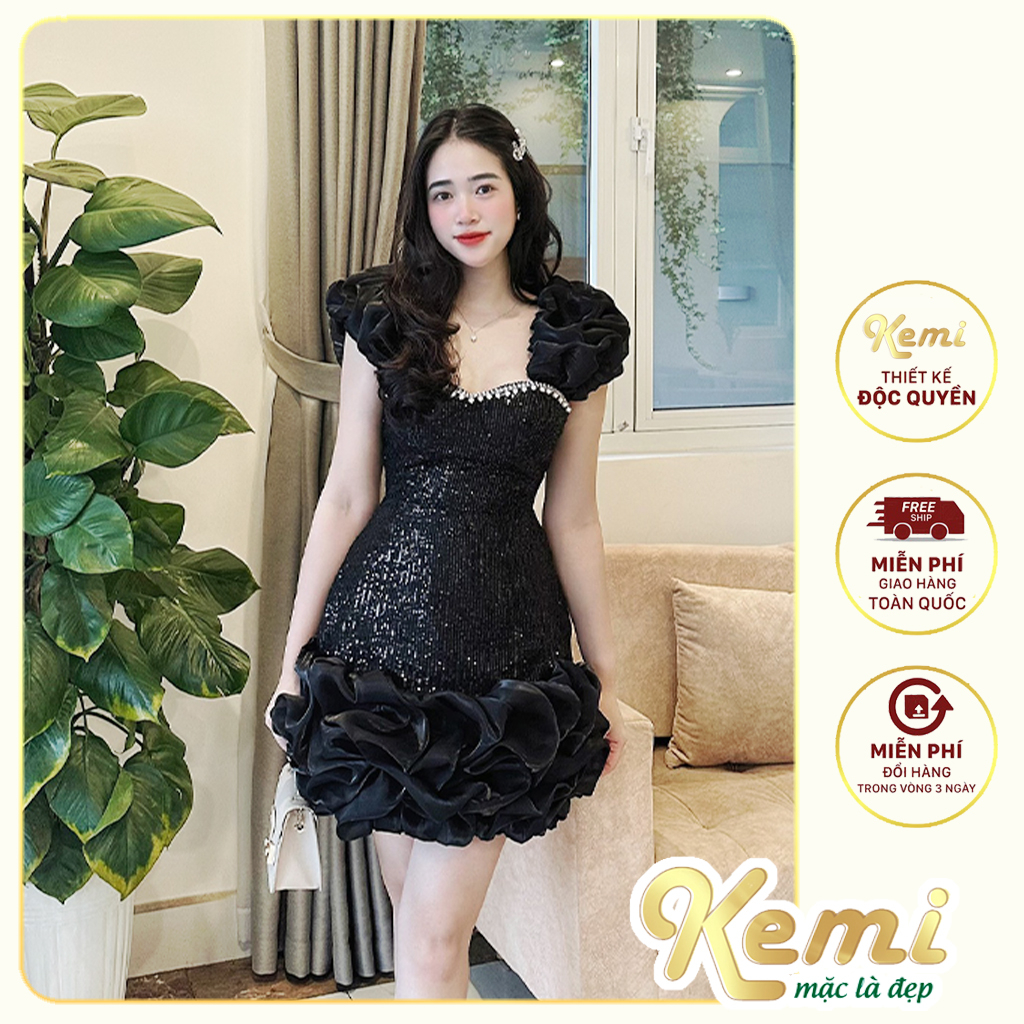 Váy kim sa bling bling viền đá phối tơ bèo vai chân bồng Kemi, đầm xinh dự tiệc hẹn hò sang chảnh