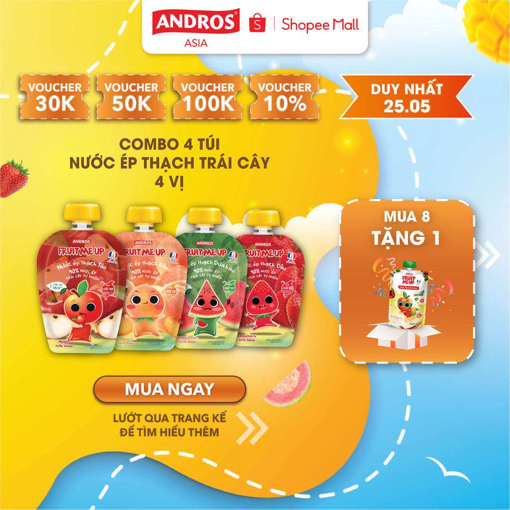 Combo 4 Túi Nước Ép Thạch Trái Cây 4 vị (Táo, Dâu, Đào, Dưa Hấu) - 90% Nước Ép Trái Cây Thật - ANDROS FRUIT ME UP- 90gx4