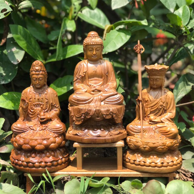 Bộ tượng gỗ bách xanh Ta bà tam thánh phật gồm phật a di đà, quán thế âm,địa tạng vương . Trang trí, nội thất