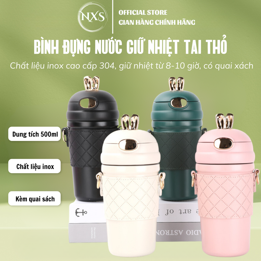 Bình Giữ Nhiệt Cute Hình Tai Thỏ Có Kèm Túi Da Cao Cấp,Có Ống Hút,Inox 304 Có Kèm Dây Đeo,Dung Tich 500ml