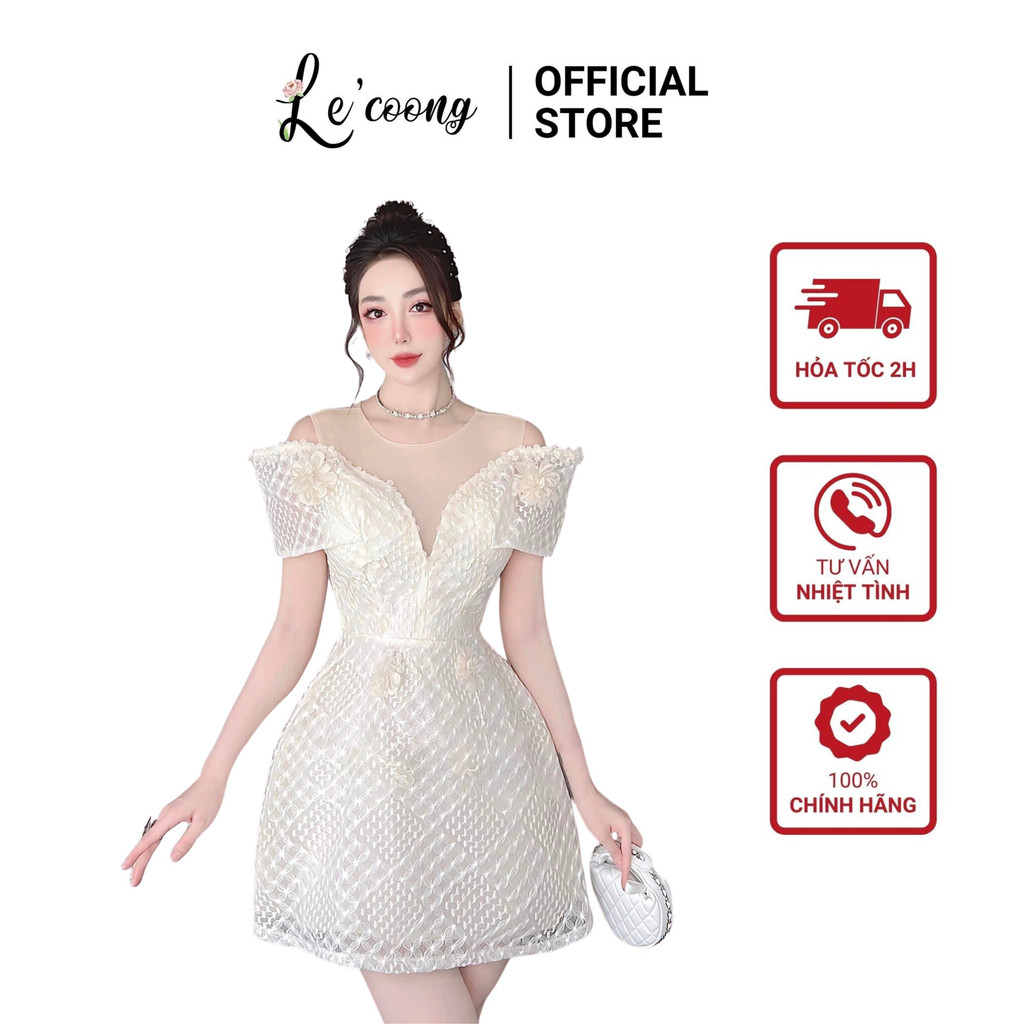 Váy Công Chúa Dáng Ngắn LECOONG V372 Đầm Dự Tiệc Cưới Trễ Vai Có Lưới Đính Hoa Thủ Công Sang Chảnh