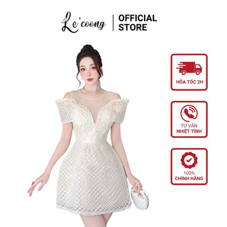 Váy Công Chúa Dáng Ngắn LECOONG V372 Đầm Dự Tiệc Cưới Trễ Vai Có Lưới Đính Hoa Thủ Công Sang Chảnh
