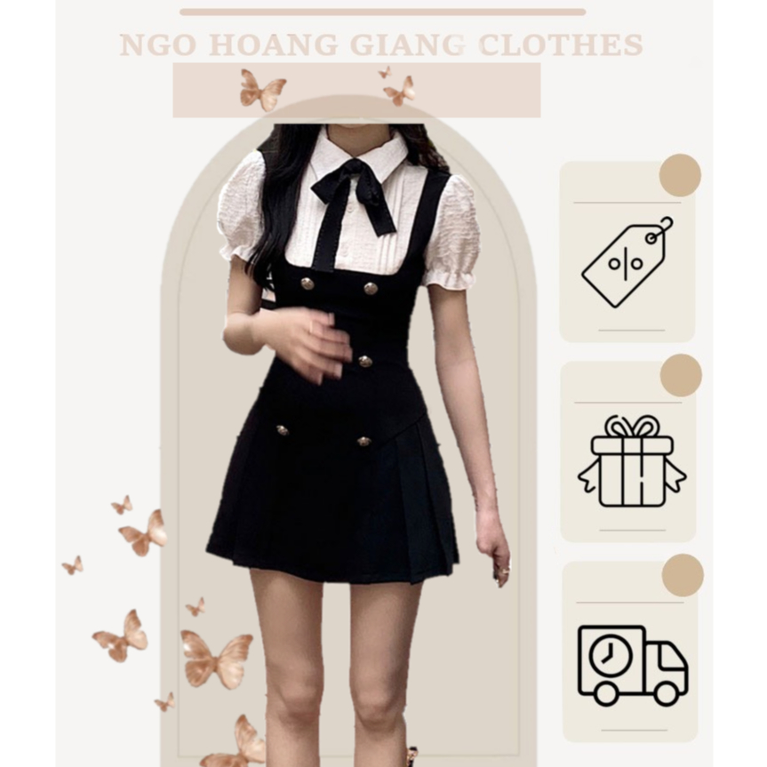 🌼 Ảnh thật manocanh 🌼 Váy giả 2 lớp cổ sơmi phối nơ cổ gile đen dáng chữ A công sở tiểu thư BABY ROSA DRESS H614