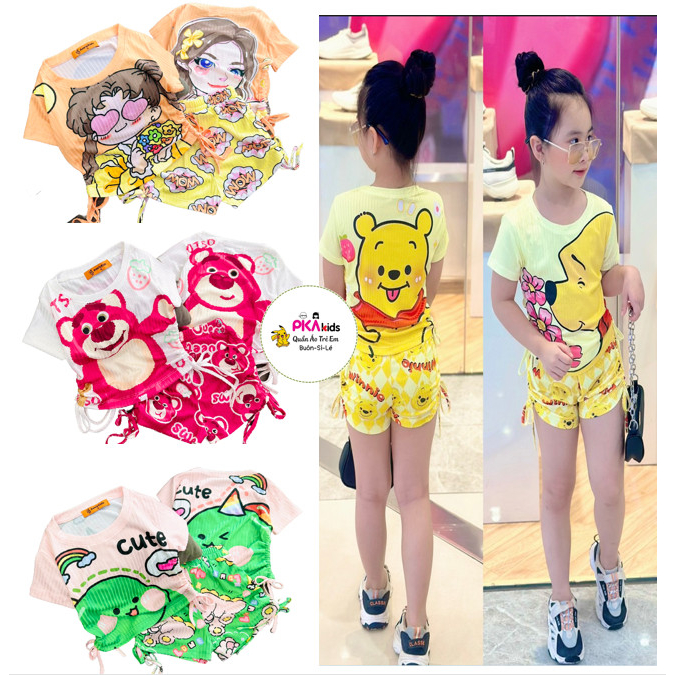 Bộ Tay ngắn quần đùi sọt dây rút Thun lạnh 3D loại 1 Gân Ann's kids cho bé gái size nhí từ 12 đến 25 ký - Pikakids