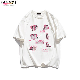 PO FLORET Áo thun unisex rộng Thú cưng dễ thương in Oversize áo phông nữ 100%Cotton