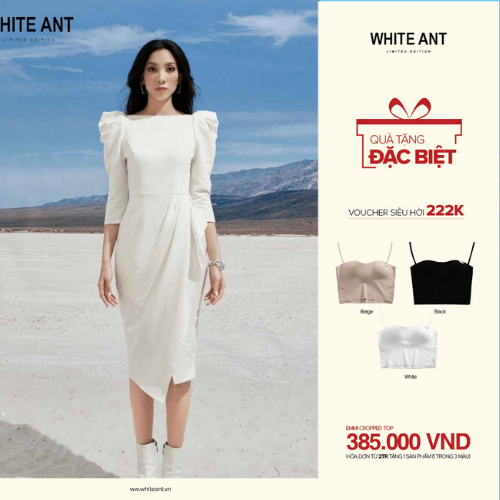 Đầm Công Sở Dáng Ôm Nữ WHITE ANT Thiết Kế Cổ Thuyền Tay Bồng Điệu, Chất Cotton Organic Cao Cấp 120402003