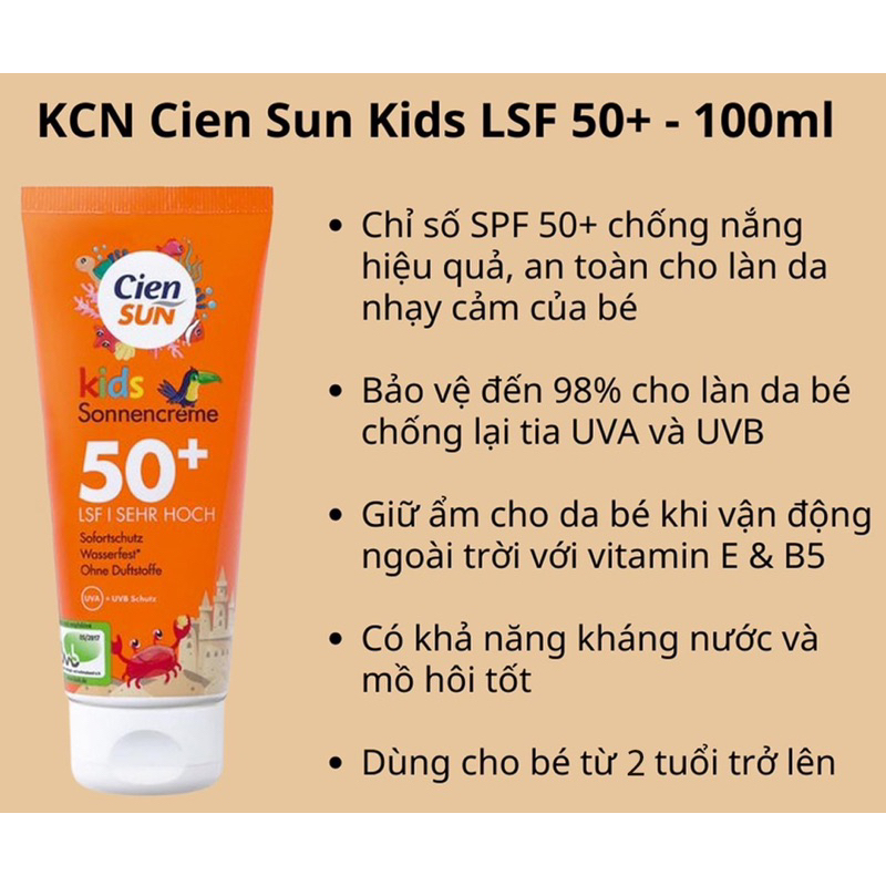 Kem chống nắng Cien Sun for kids SPF50+ 100ml nội địa Đức, kem chống nắng cho trẻ em