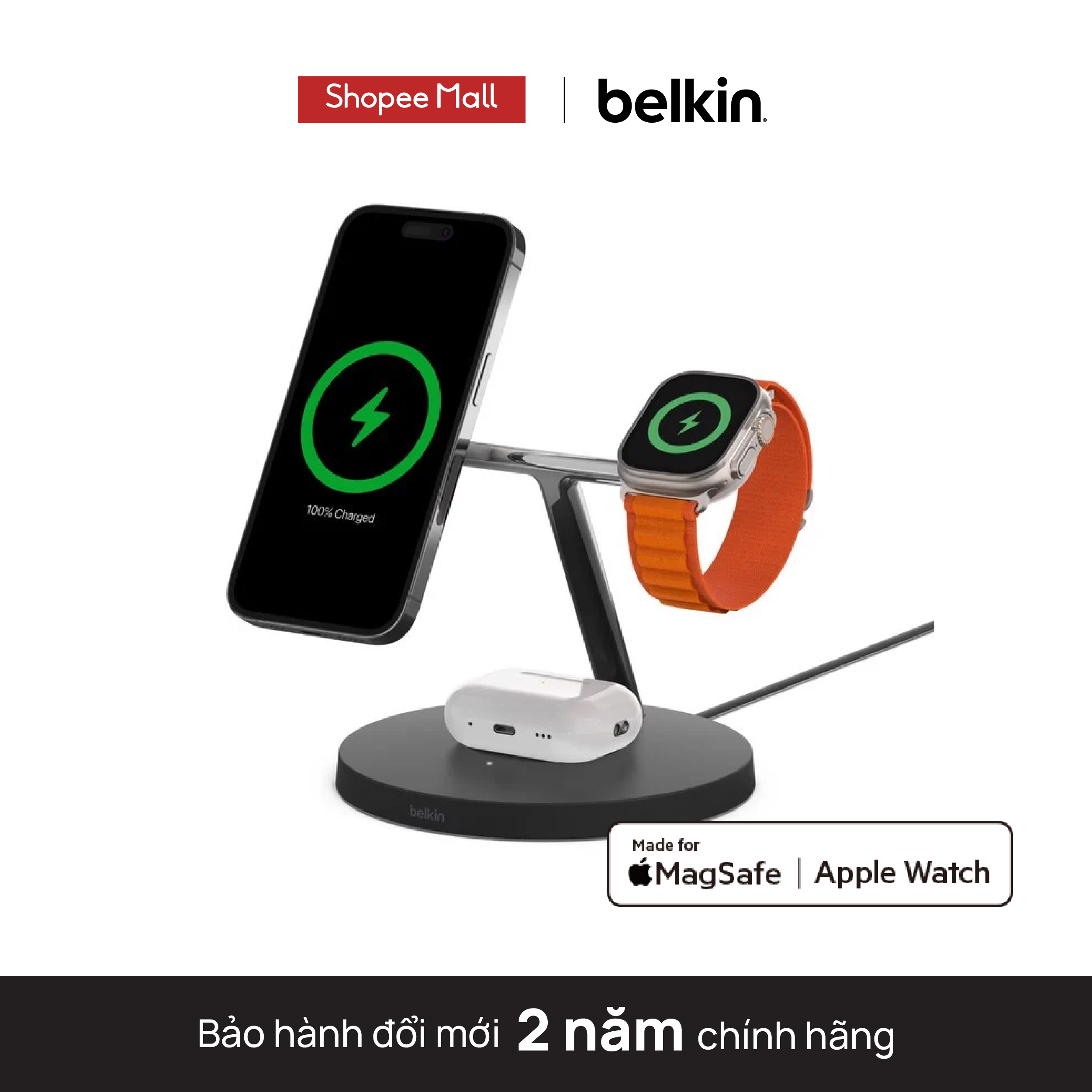 Đế sạc không dây 3 trong 1 BOOST↑CHARGE™ PRO Belkin MagSafe 15W WIZ017dq - Hàng chính hãng