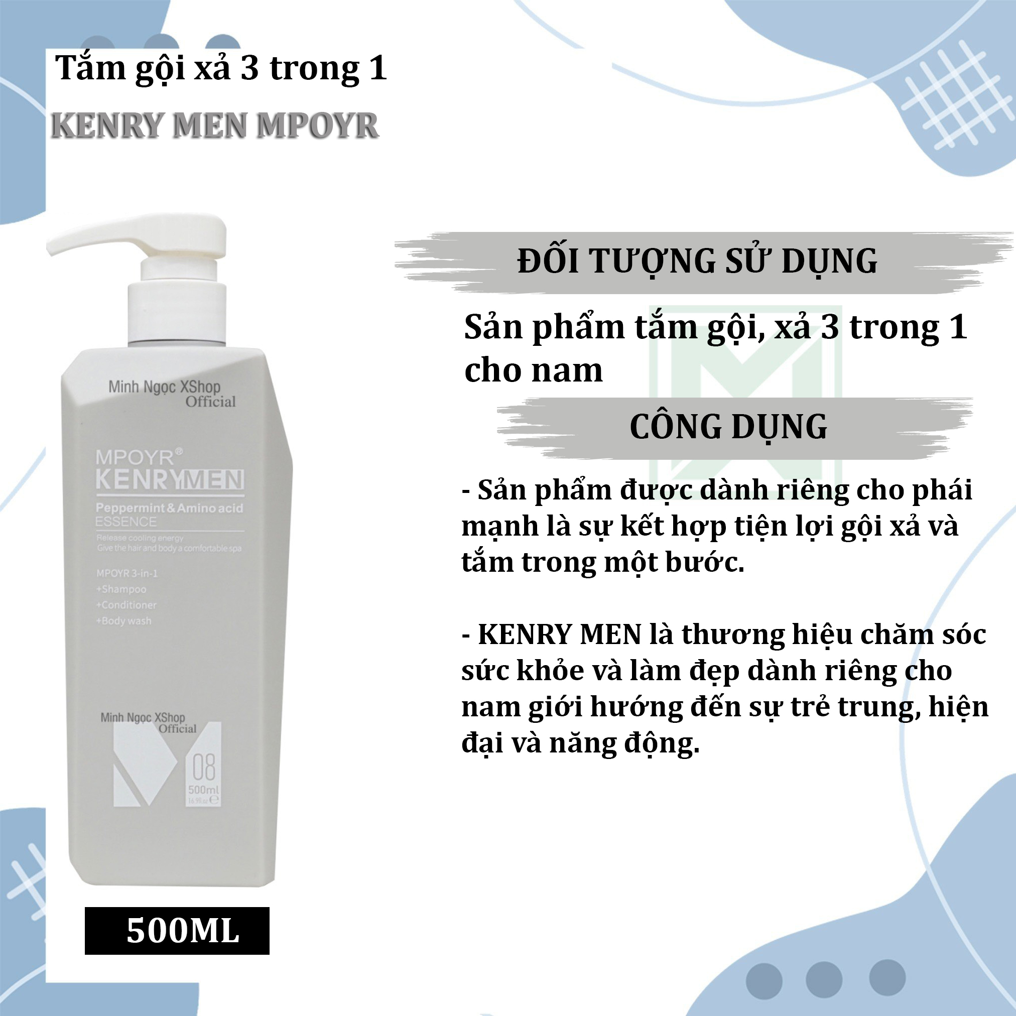 Tắm gội xả 3 trong 1 Kenry Men Mpoyr 500ML