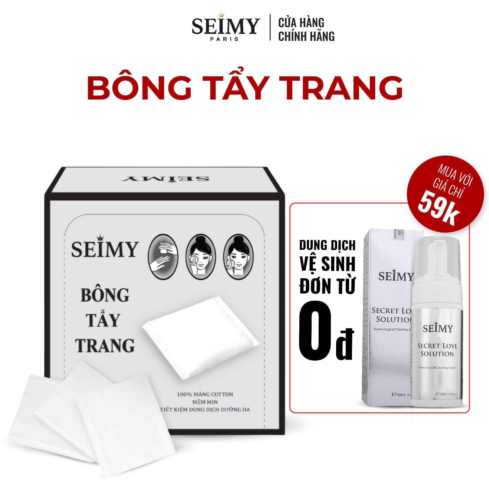 Bông tẩy trang Seimy 100 miếng - 100% cotton mềm mịn
