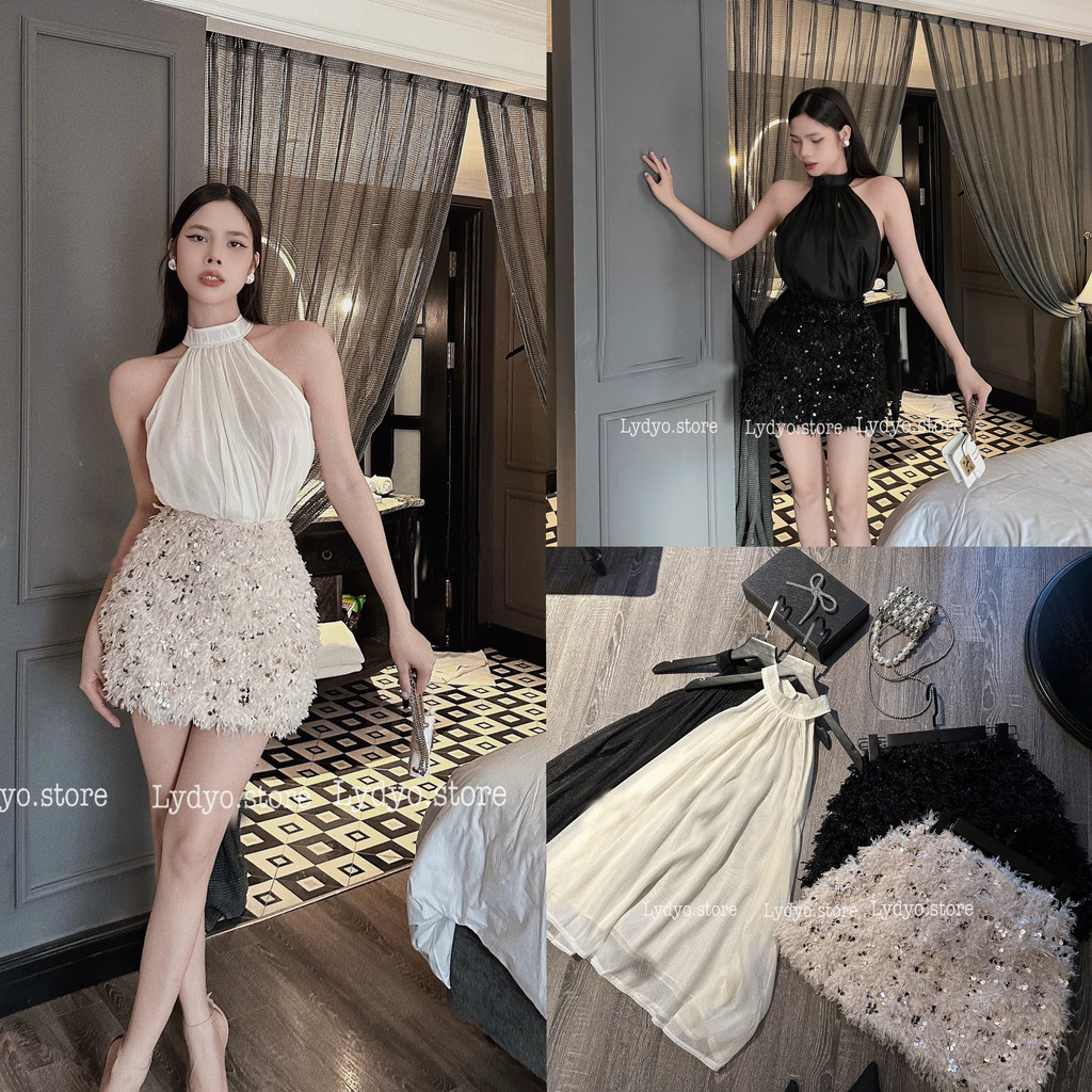 Set váy đầm yếm lông vũ, đính kim tuyến, vảy cá, lóng lánh , long lanh, bing bling, đầm dự tiệc, đi bar đi quẩy 002