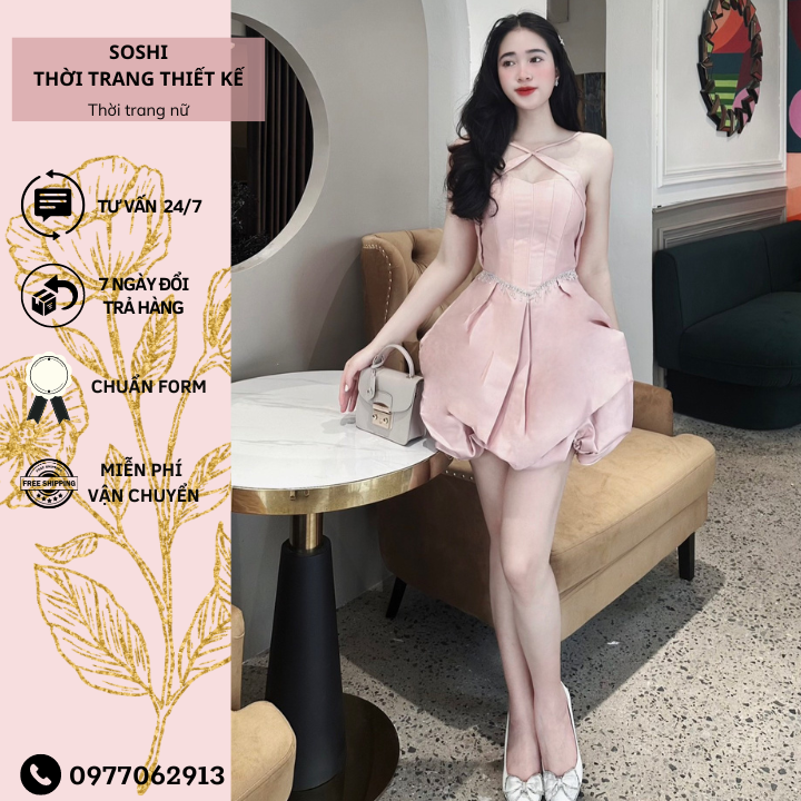 Đầm Tafta cúp ngực dây chéo đính đá tỉ mỉ, Váy dự tiệc thiết kế đan dây dập chân phồng tiểu thư form chuẩn cao cấp