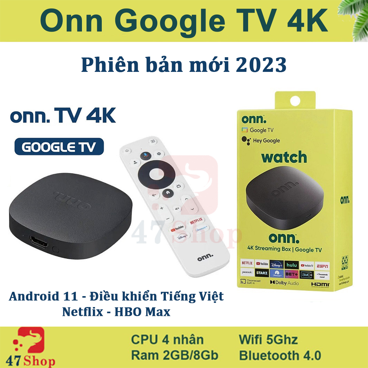 Google Tivi Box Onn Google Box TV Android 11 Remote tìm kiếm Tiếng Việt phát 4K UHD HDR Google Cast Chrome Cast Netflix | BigBuy360 - bigbuy360.vn