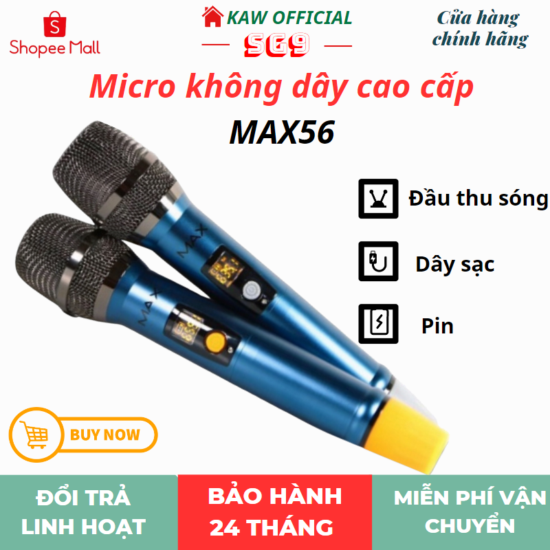 Bộ 2 micro không dây đa năng Max 56 Chính Hãng,hút âm tốt hạn chế rú rít,sử dụng pin sạc khủng, màn hình LCD, hát êm tai