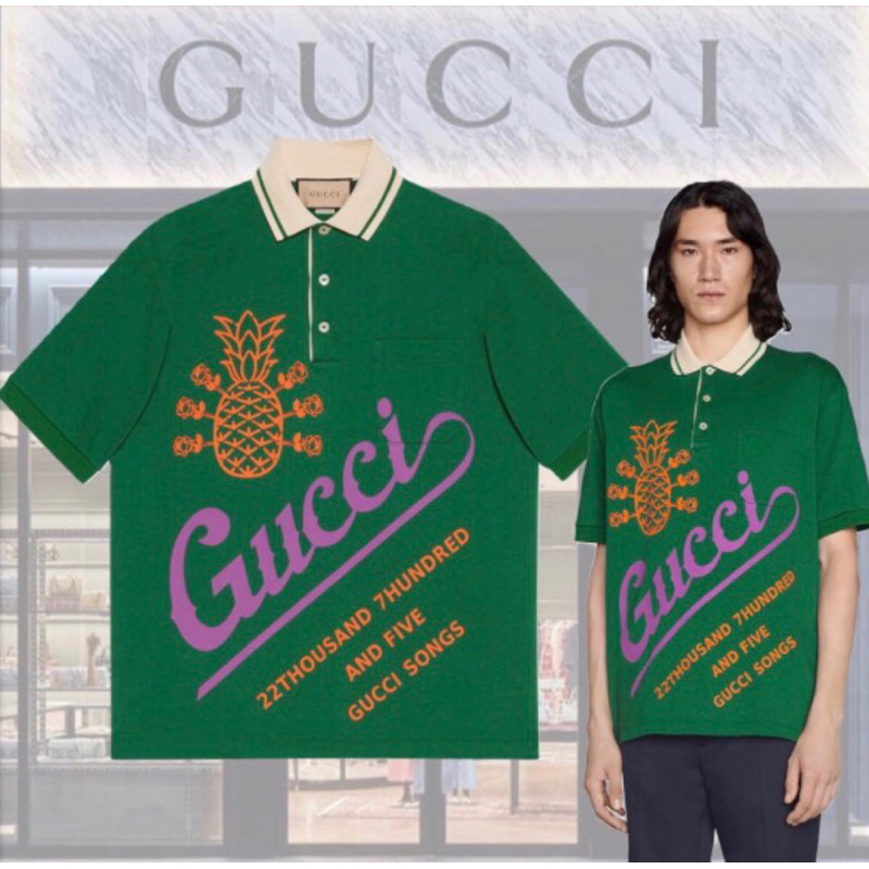 ⚡️[Hight Quality] Hàng Có Sẵn!! Áo Polo Gu'c'ci GG Pineapple Green Họa Tiết Quả Dứa Trước Ngực - Hàng Loại 1 Polo G.C