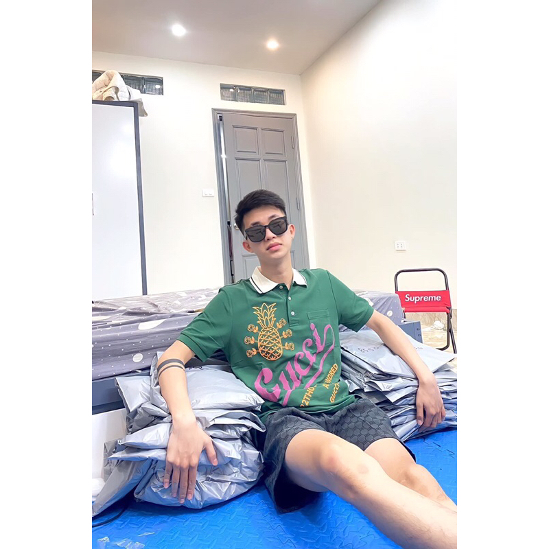⚡️[Hight Quality] Hàng Có Sẵn!! Áo Polo Gu'c'ci GG Pineapple Green Họa Tiết Quả Dứa Trước Ngực - Hàng Loại 1 Polo G.C