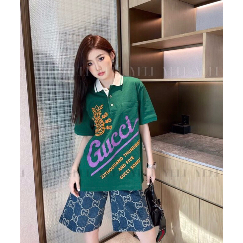 ⚡️[Hight Quality] Hàng Có Sẵn!! Áo Polo Gu'c'ci GG Pineapple Green Họa Tiết Quả Dứa Trước Ngực - Hàng Loại 1 Polo G.C