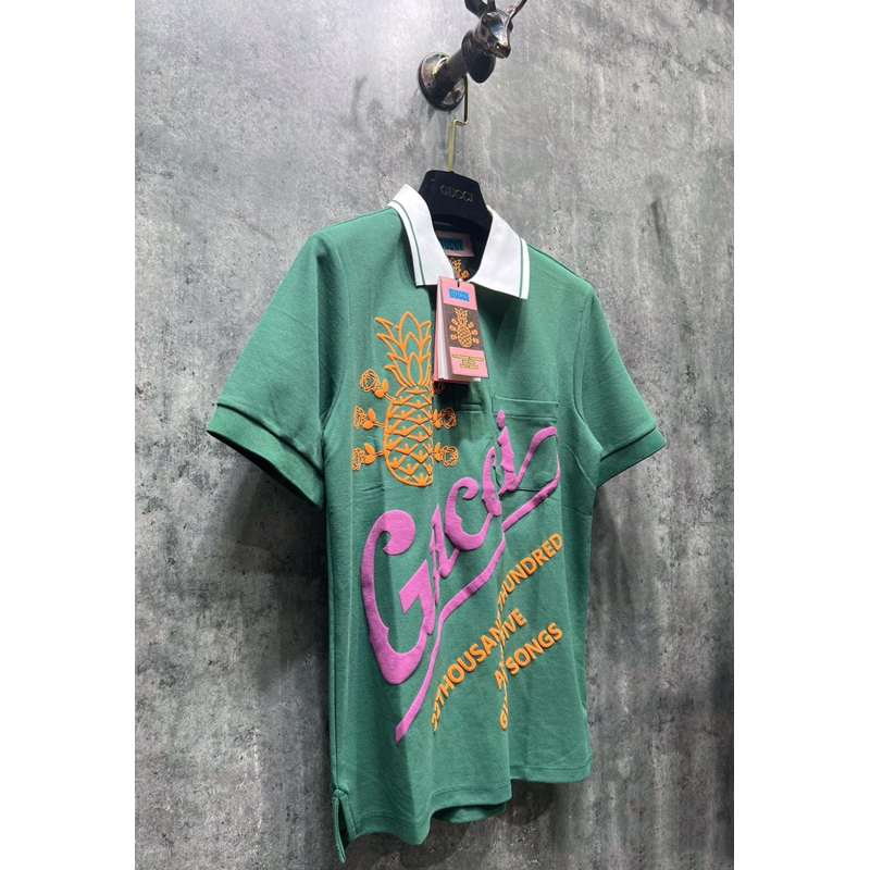 ⚡️[Hight Quality] Hàng Có Sẵn!! Áo Polo Gu'c'ci GG Pineapple Green Họa Tiết Quả Dứa Trước Ngực - Hàng Loại 1 Polo G.C