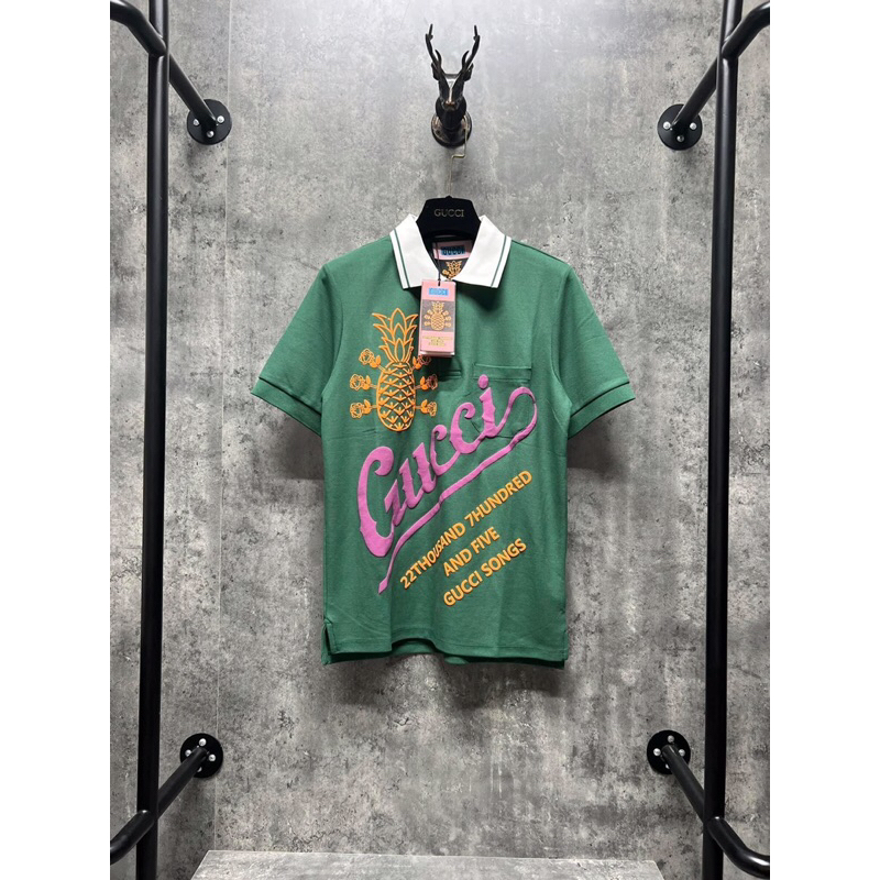 ⚡️[Hight Quality] Hàng Có Sẵn!! Áo Polo Gu'c'ci GG Pineapple Green Họa Tiết Quả Dứa Trước Ngực - Hàng Loại 1 Polo G.C