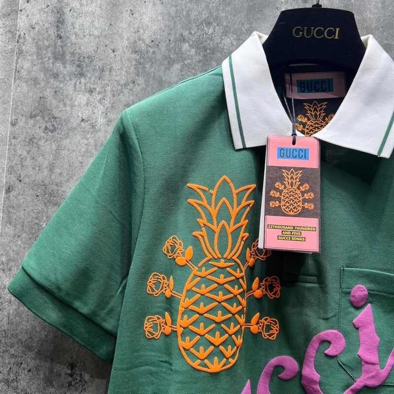 ⚡️[Hight Quality] Hàng Có Sẵn!! Áo Polo Gu'c'ci GG Pineapple Green Họa Tiết Quả Dứa Trước Ngực - Hàng Loại 1 Polo G.C