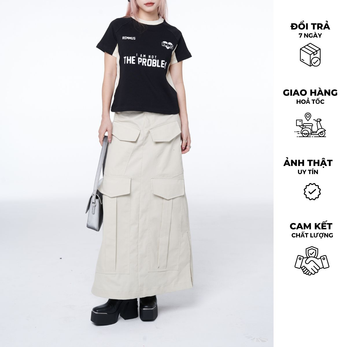 Cargo Midi skirt - Chân váy kaki dài túi hộp cách điệu Remmus cho nữ